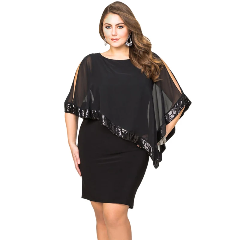 

Sexy Women Sequined Mesh Overlay Bodaycon Elegant Plus Size Poncho Dress