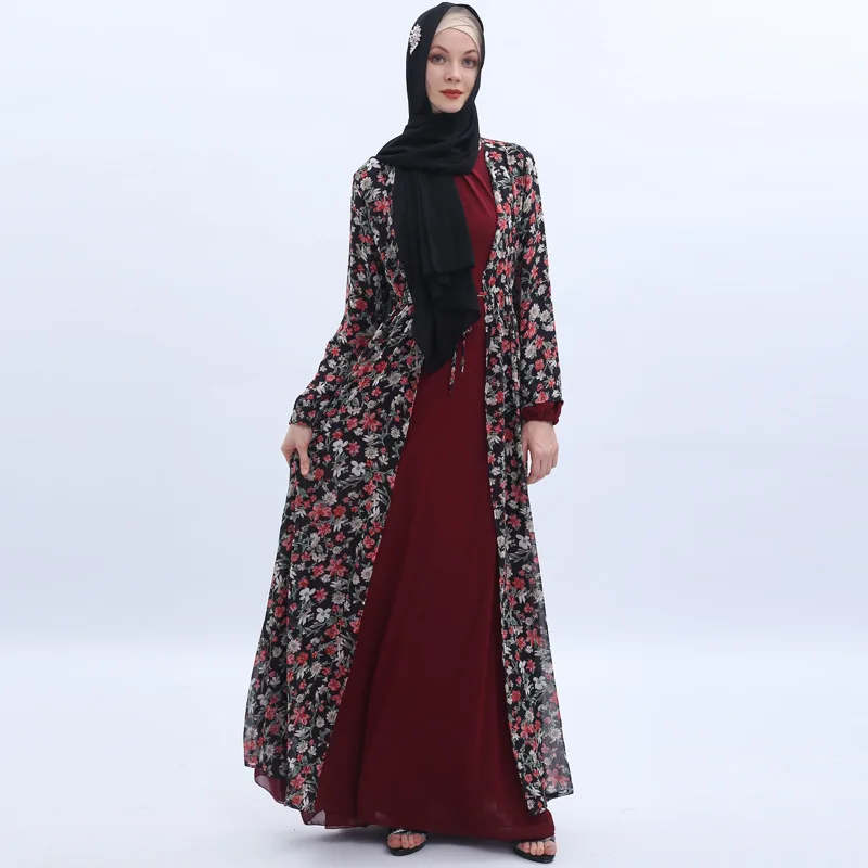 

WEPBEL Women Chiffon Muslim Floral Open Dress Abaya Full Sleeve Summer Flower New Fashion Casual Lady Long Maxi Dresses