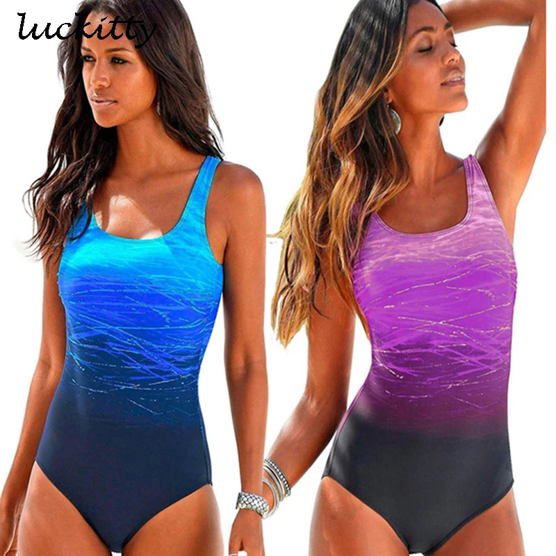 

Gradient One Piece Swimsuit Women Vintage Swimwear Cross Back Monokini Blue Bathing suit XXL 2018 Beach Wear Maillot De Bain