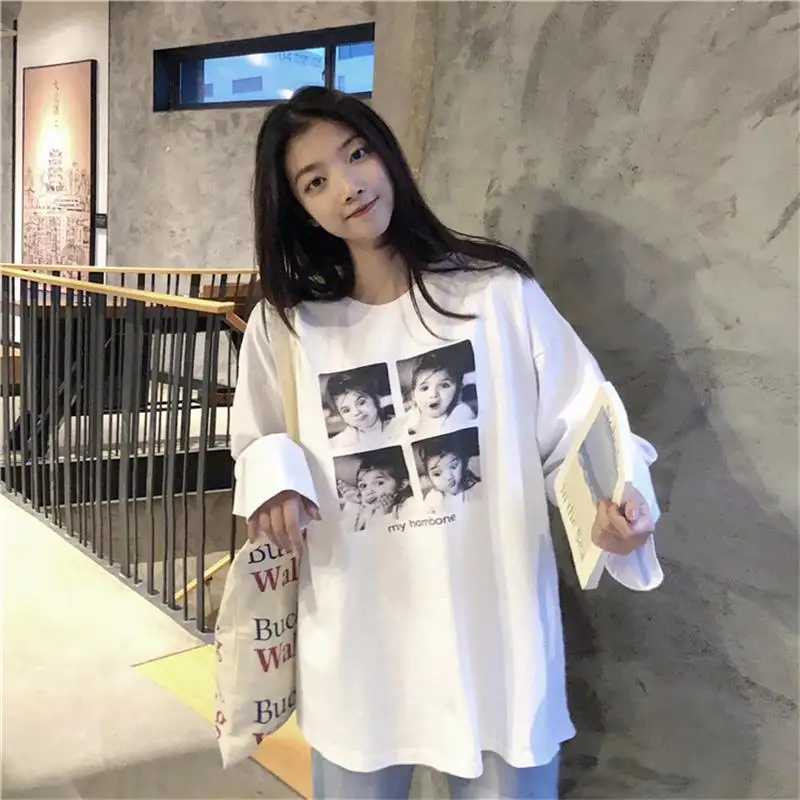 

Women's Casual T-shirts Tops Ulzzang Japanese Kawaii Ladies Autumn Loose Print T-shirt Female Korean Harajuku Clothes For Women