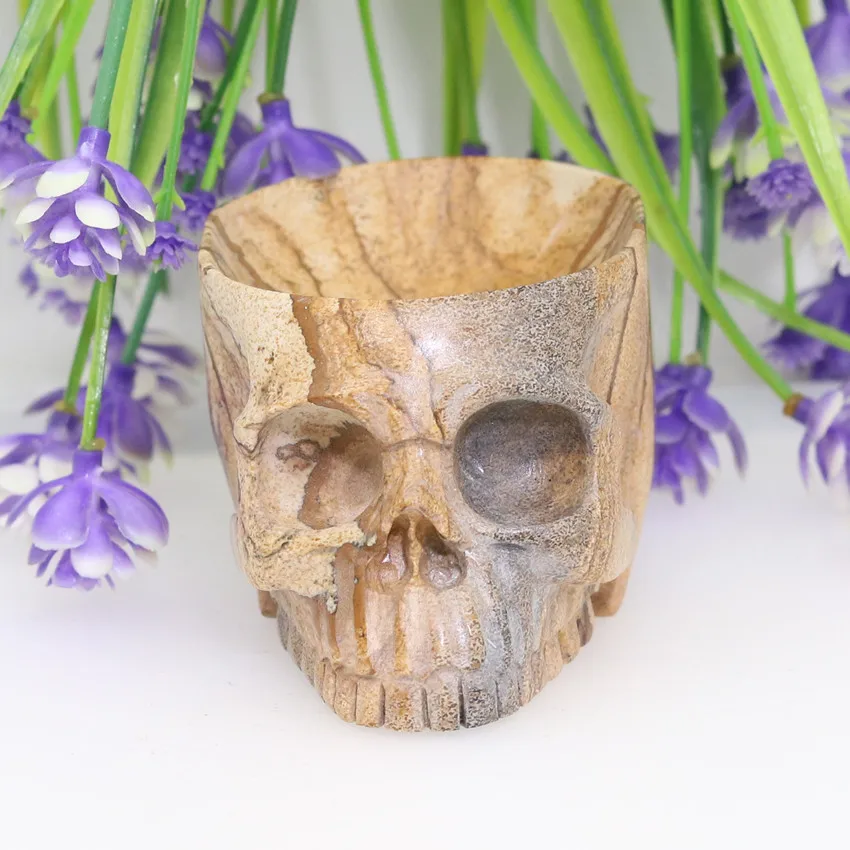 

3.07"WINE GLASS PICTURE STONE Handmade Carved Crystal Skull Crystal Realistic Crystal Healing Furnishing Articles Figurine TC83