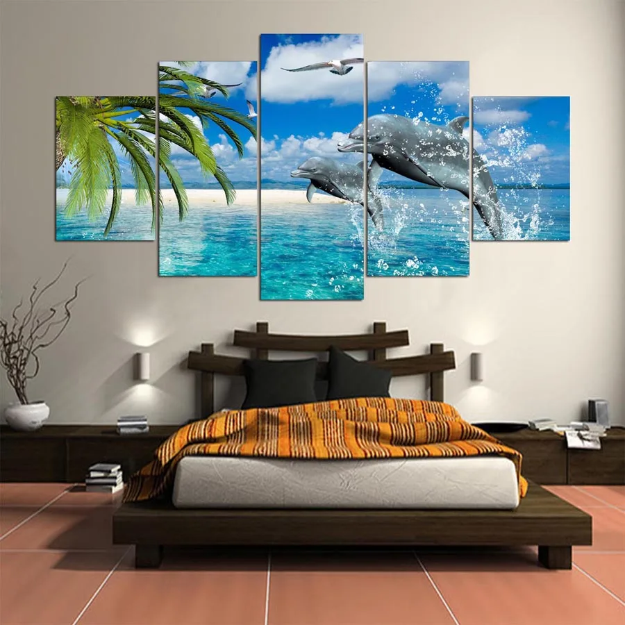 

Home Decor Canvas Painting Top-Rated Modular Picture 5 Panel Animal Dolphin Landscape Painting Wall Picture For Living Room YGYT