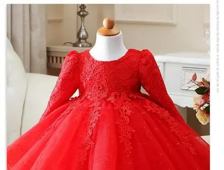 Высококачественное красное/белое платье с длинными рукавами для маленьких девочек 1 год, платье для дня рождения платье с блестками для крещения, свадьбы для младенцев