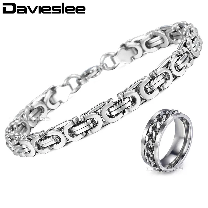 Ring Bracelet for Men Jewelry Set Stainless Steel Byzantine Link Chain Male Bracelet Wedding