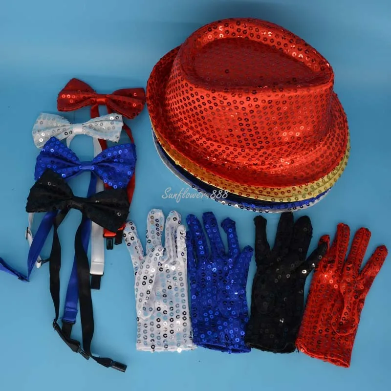 

Unisex Kids Sequins Jazz Hat Cap Gloves Bow Tie Bowtie For Children Boy Girl Party Dance Performance Wear Wedding Decor
