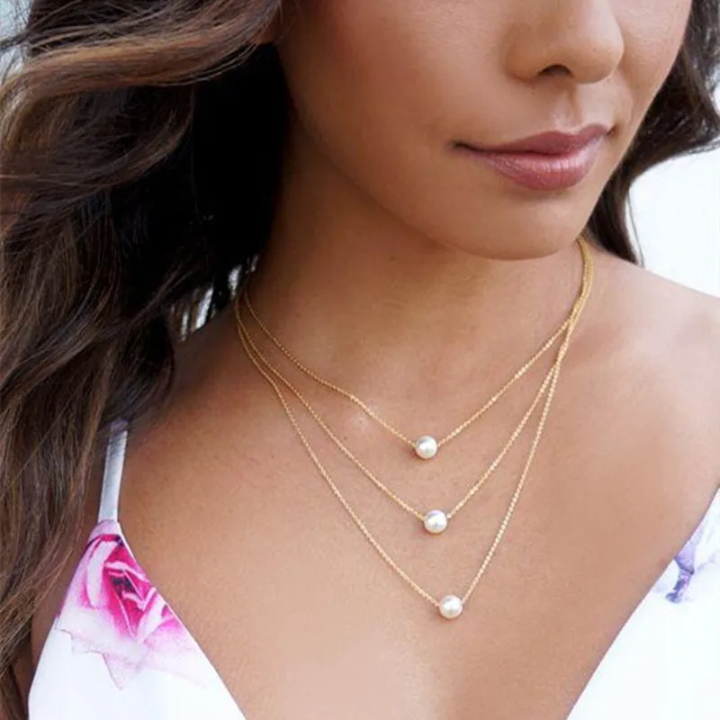 

Trendy Multilayer Simulated-pearl Pendant Necklace for Women Gold Color Bohemian Chokers Necklace Charms Beach Jewelry Gift