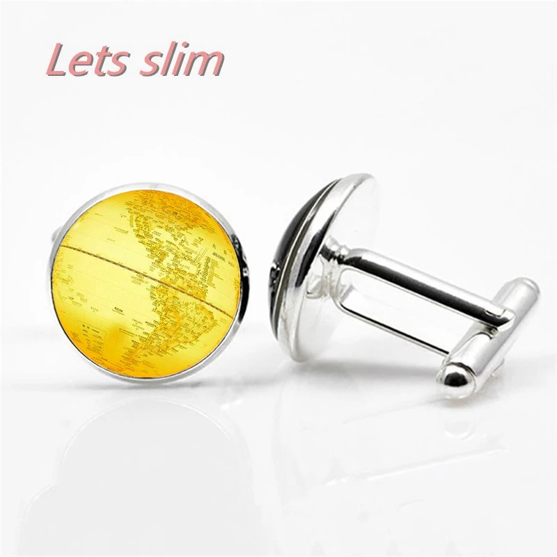 LETS SLIM Earth World Map Seven Oceania Gold Time Glass Cufflinks Globe Map Men's Shirt Charm Globe Cufflinks DIY Photo Custom Fashion Jewelry