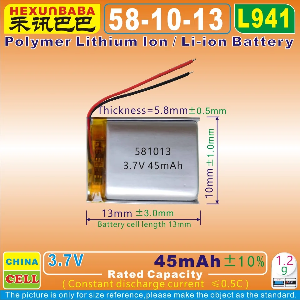 

10pcs [L941] 3.7V 45mAh [581013] Polymer lithium ion / Li-ion battery for bluetooth earphone;GPS,cell phone