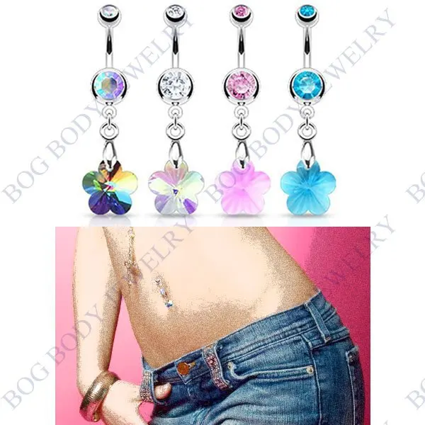 

BOG-Lot 4 Pcs Assorted Color 316L Surgical Steel Belly Button Navel Piercing Ring With AB Crystal Ray Prism Flower Dangle