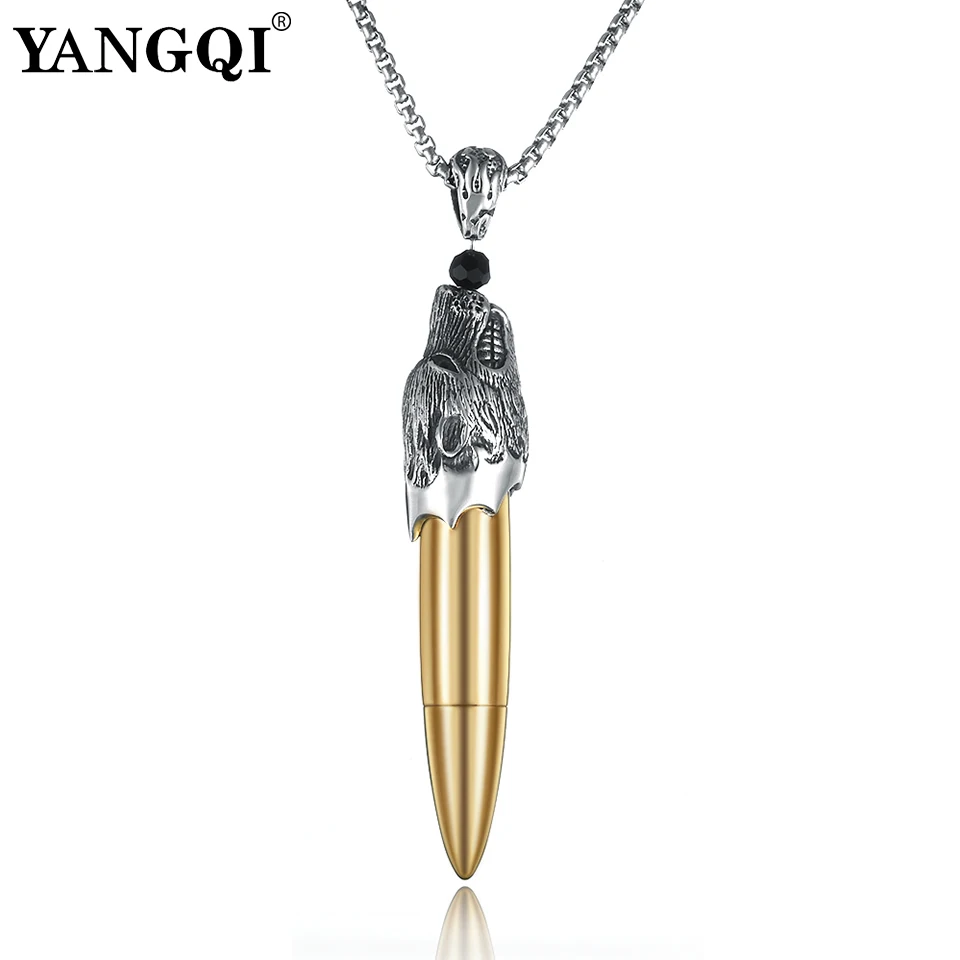 YANGQI Stainless Steel Wolf Head Bullet Pendant Necklace Silver Chain Openable Animal Souvenir Bullet Pendant Statement Jewelry