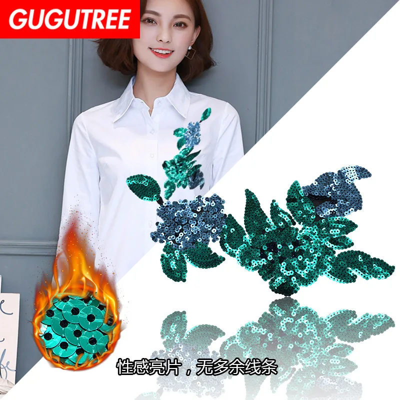 

GUGUTREE embroidery Sequins big rose patches flower patches badges applique patches for clothing XC-337