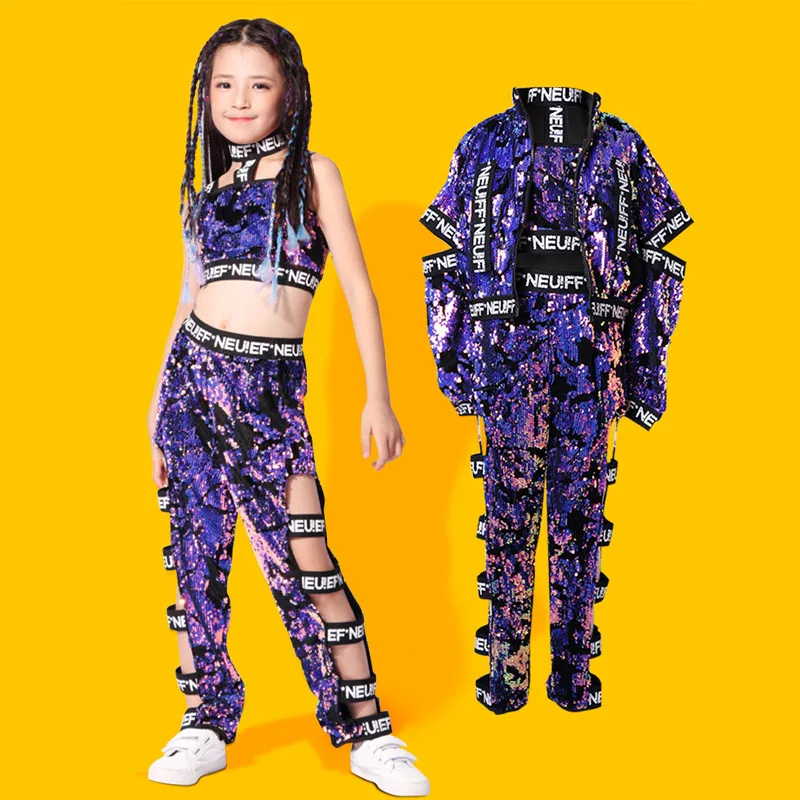 Prática de Dança Roupas de Dança de Lantejoulas Dança de Rua Meninas Jazz Traje Moderna Crianças Hop Uniforme Desgaste Desempenho Criança Dql068