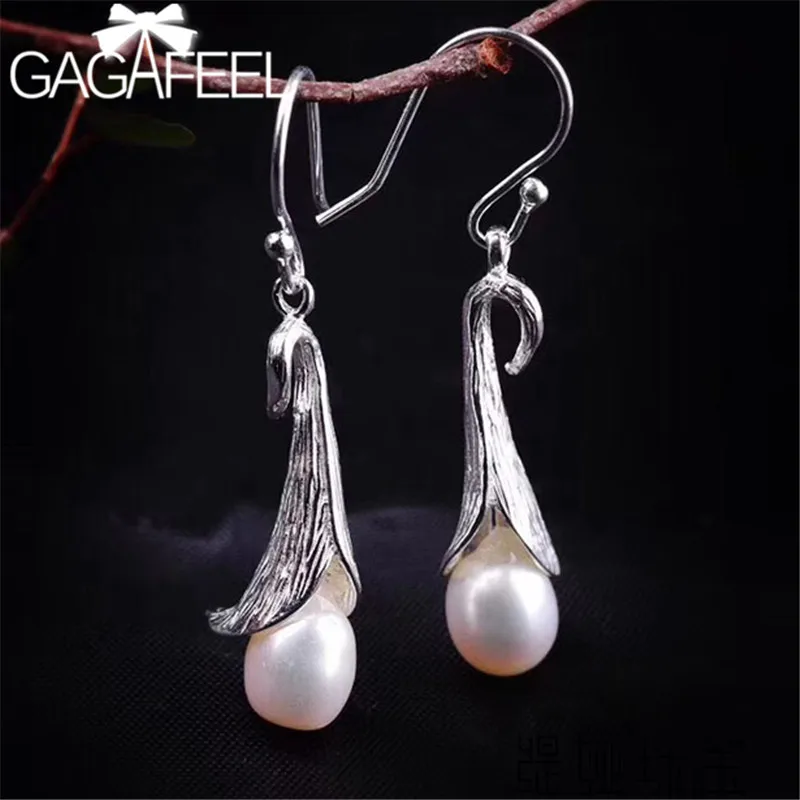 

GAGAFEEL Retro Lily Flower Earrings Long 925 Sterling Silver Earrings Dangles with Natural Pearl Jewelry for Women