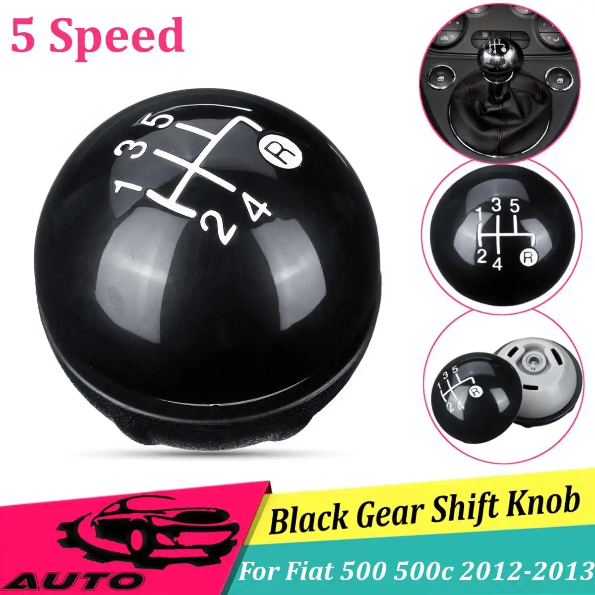 5 Speed MT Car Gear Shift Knob Stick With Dust Cover For Fiat 500 500c 2012 2013 Sitck Head Leather Gloss Black Cap Replacement