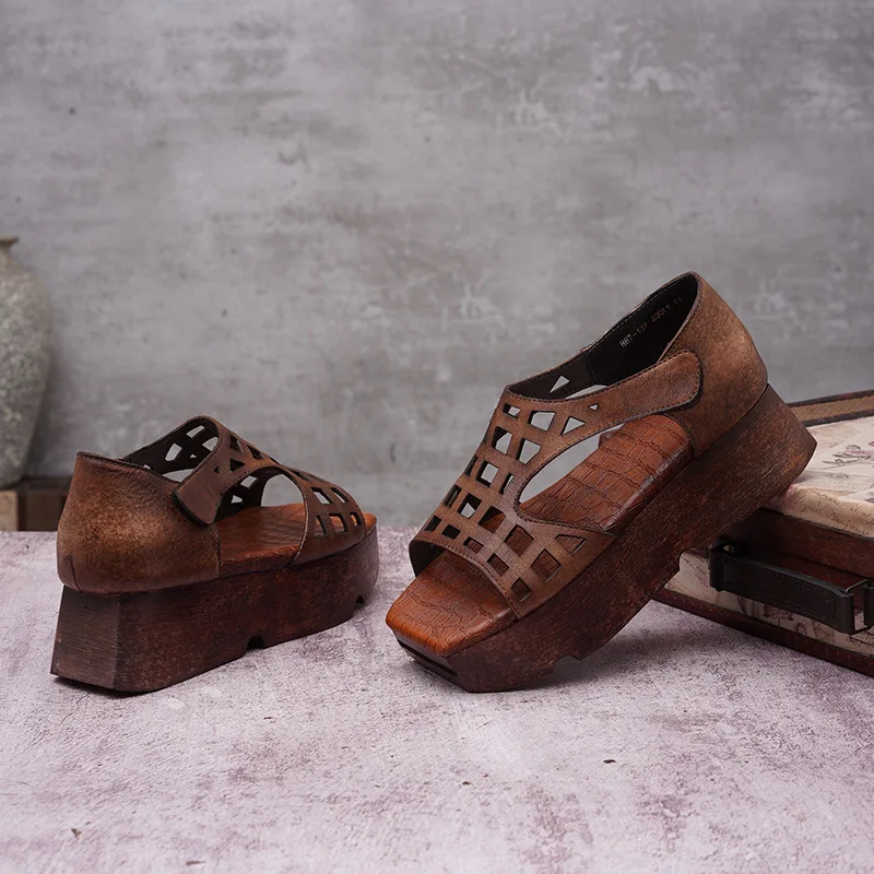 Women Leather Sandals Wedges Shoes 5 Cm High Heels Chunky Sandals Women Handmade Genuine Leather Retro Shoes Brand Summer 2019