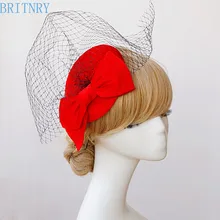 BRITNRY Горячая красная Свадебная шляпа винтажная Клетка вуаль с черным тюлем Женская вечерняя шляпа