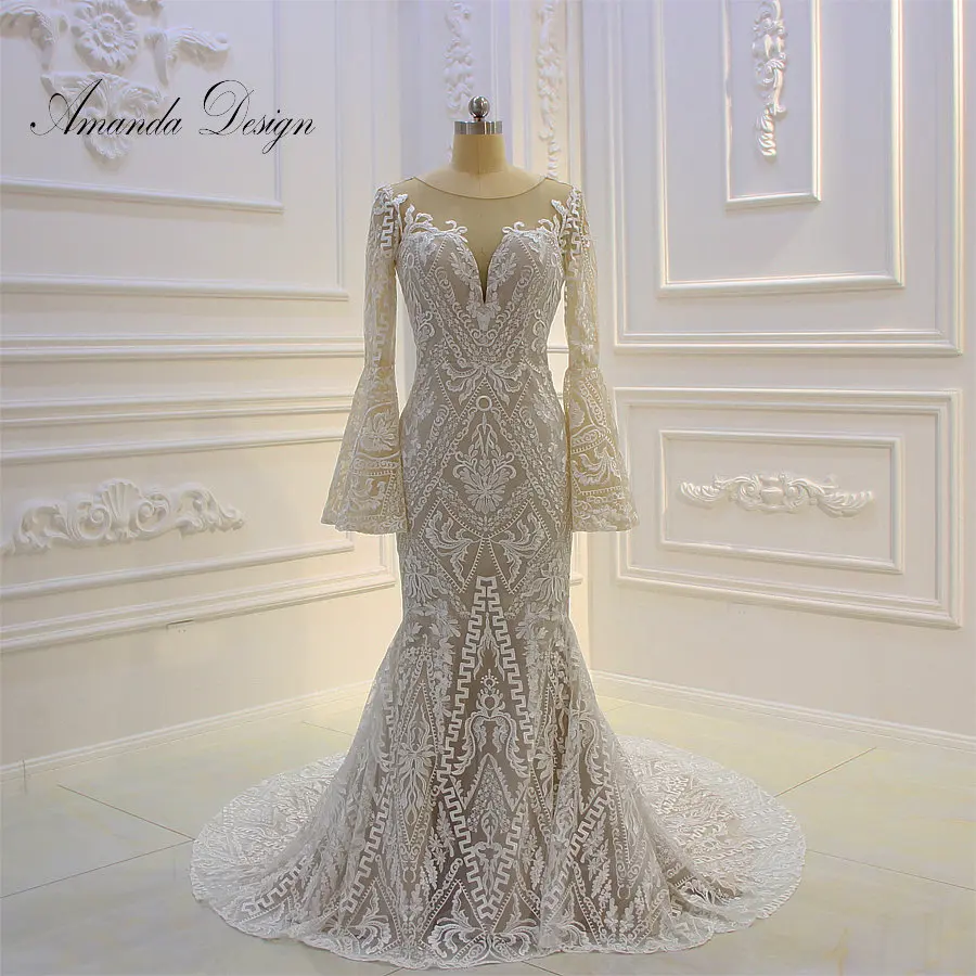 

Amanda Design hochzeit Mermaid Lace Champagne Flare Sleeve Wedding Dress