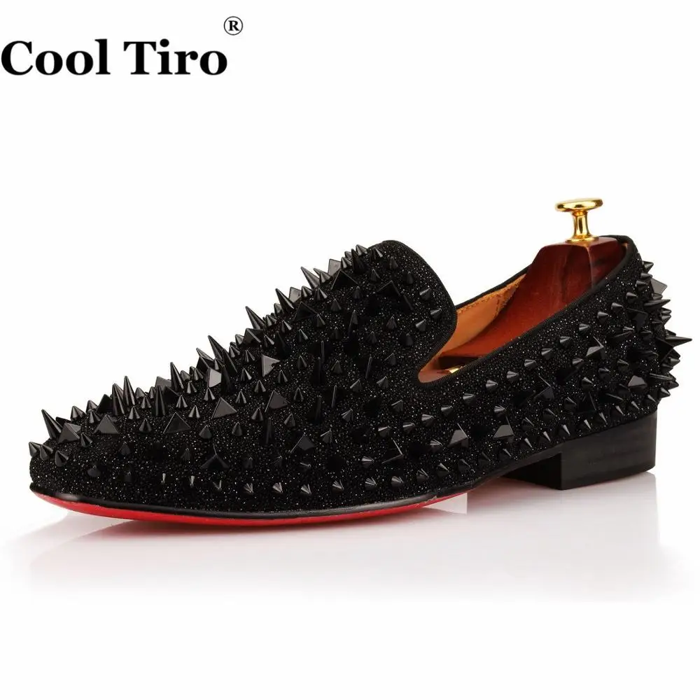 COOL TIRO/ручной работы Для мужчин обувь шипами обувь Черный блесток дрель Лоферы взлетно-посадочной полосы блестящие заклепки вечерние модельные туфли Для мужчин - Цвет: Черный