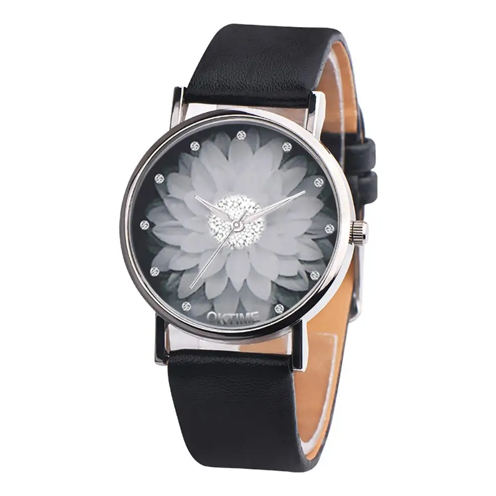 

New Fashion Lotus Flower Faux Leather Quartz Wrist Watch Unisex Bracelet Party Gift