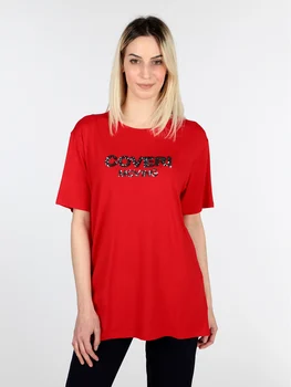

COVERI MOVING woman summer red o-neck T-shirts alphabet sequin fashion long short sleeve t-shirt
