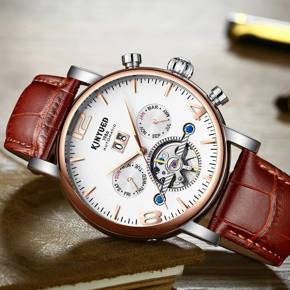 

KINYUED Tourbillon Skeleton Watch Automatic Men Menchanical Mens Watches Top Brand Luxury Calendar Male Clock Horloges Mannen