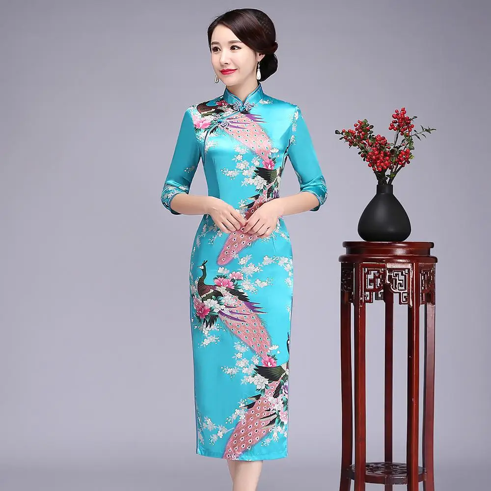 Винтаж для женщин печати Cheongsam классический цветок атласное платье китайский стиль шоу на сцене платья для платья большого размера Qipao Vestido 5XL 6XL - Цвет: Long Sleeve 7
