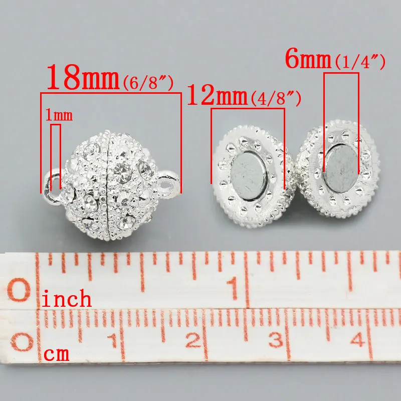 Цинковый металлический сплав+ стразы, магнитная застежка-шар, Посеребренные стразы, белые стразы, 18 мм x 12 мм, 1 комплект