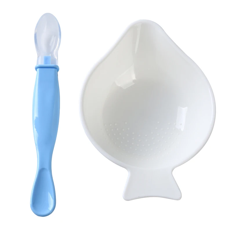 blue 2pcs Set Anti-hot Training Bowl Spoon Baby Feeding Food Tableware Eco-Friendly Toddle Kids Dishes Baby Child Eating Dinnerware - Color: blue
