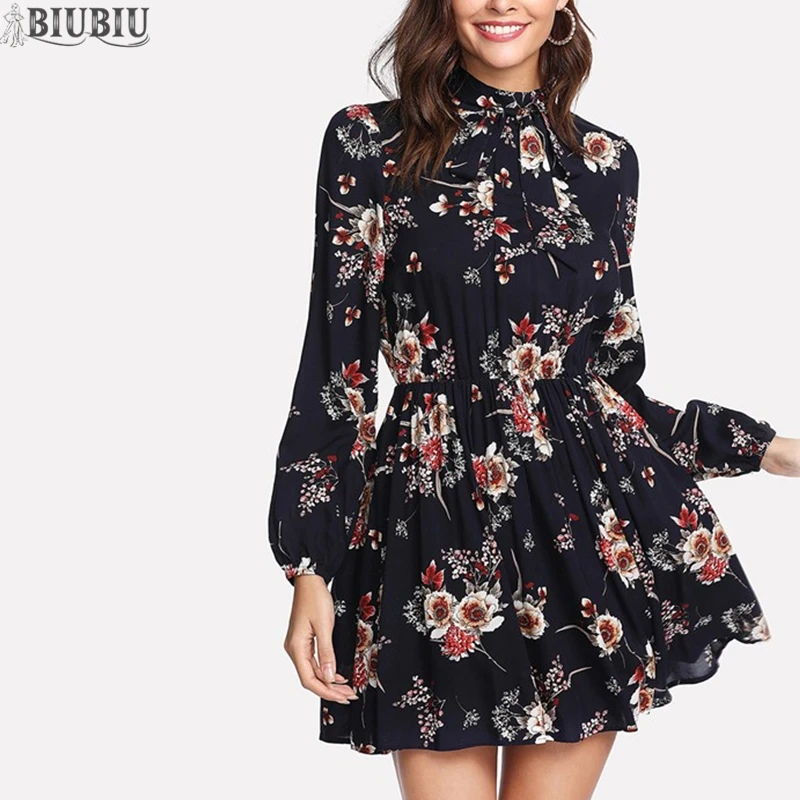 

BIUBIU Women Bohemian Floral Print Dress Elastic Waist Full Puff Sleeve O Neck Party Mini Dresses Autumn Women Casual Vestidos