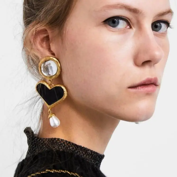 

PPG&PGG New Za Heart Shapped Enamel Dangle Earrings For Women New Simulated pearl Drop Earrings Vintage Jewelry Dropshipping