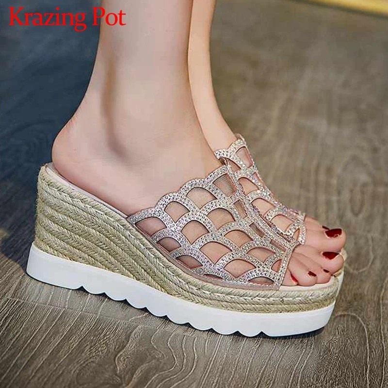 

Krazing pot 2019 new natural leather microfiber air mesh beading crystal peep toe platform high heels preppy style sandals L32