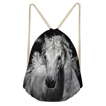 

ELVISWORDS Unisex Horse 3D Printing Backpacks Women White Animals Drawstring Backpack Students Shoulder Schoolbags Mens Girls