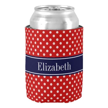 

Neoprene Red White Polka Dots Navy Blue Ribbon Monogram Can Cooler Valentines Gift Couple Favors Beer Beverage Insulator Holders