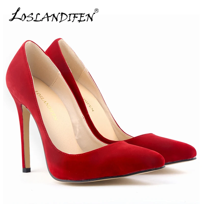 

LOSLANDIFEN Women Pumps Shallow Fashion Pointed Toe Flock High Heels Pumps Woman Shoes Sexy Red Wedding Shoes For Women 302-1