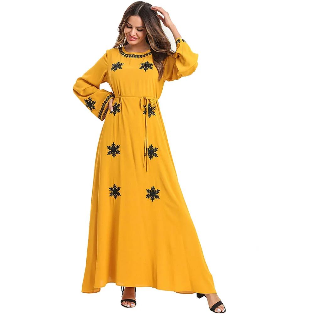 

Womens Muslim Abaya Maxi Dress Embroidery Islamic Robe Kaftan Dubai Muslim Dress Loose Modest Yellow Dress