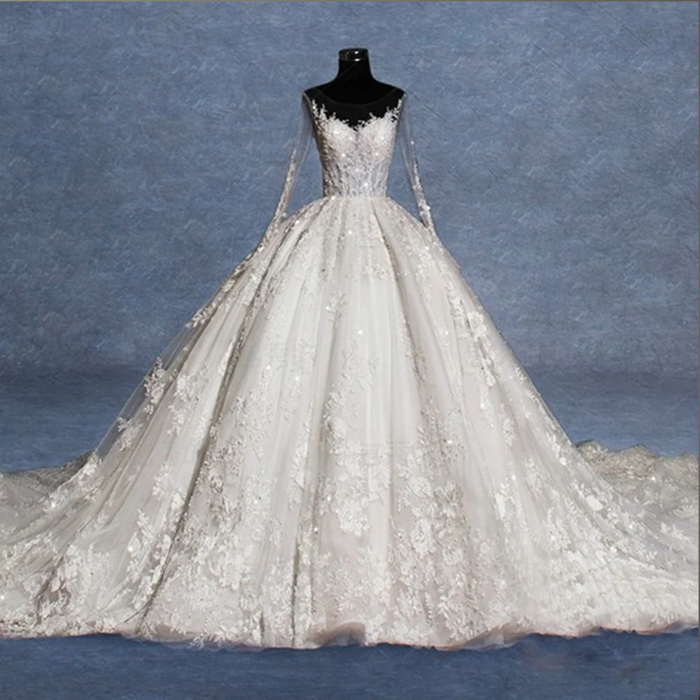 

Long Sleeve Sexy Backless Luxury Gorgeous Ball Gown Wedding Dress With Chapel Train 2019 Robe De Mariee Princesse De Luxe