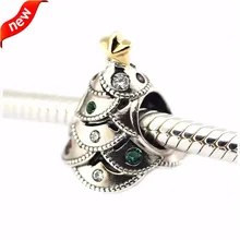 925 Sterling-Silver-Jewelry Festive Tree Silver Charm with 14K Gold DIY Fits Bracelets Silver Beads for Jewelry Making