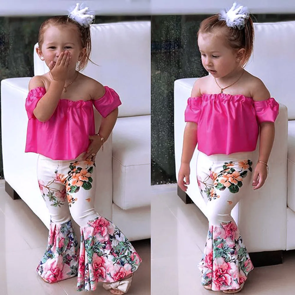 

2Pcs Fashion Toddler Baby Kids princess girl clothes set Solid Off Shoulder Tops+Floral Pants Leggings clothes set Dropshipping