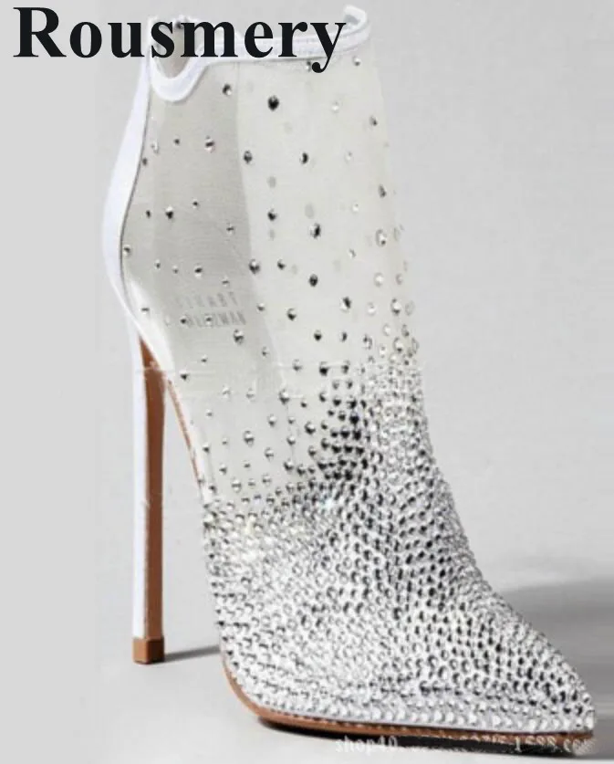 

2019 Summer Hottest Lace Crystal Sample Fashion Thin High Heel And Pointed Toe Party Shoes Rear Zipper Women Boots
