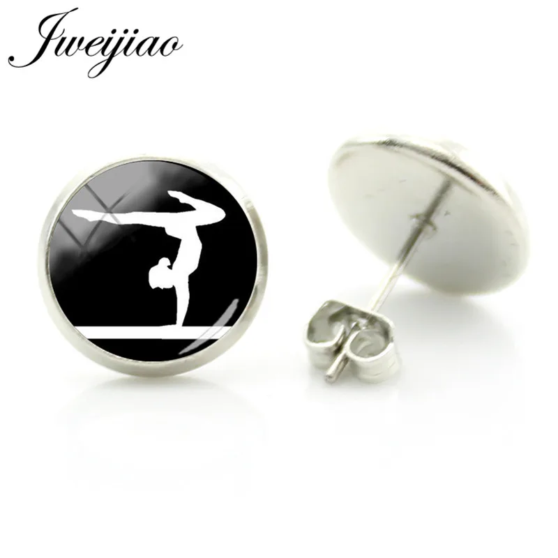 

JWEIJIAO Gymnastic Stud Earrings Glass Gymnast Silhouette Image Cabochon For Woman Man Kids Metal Earrings Jewelry Gift GY166
