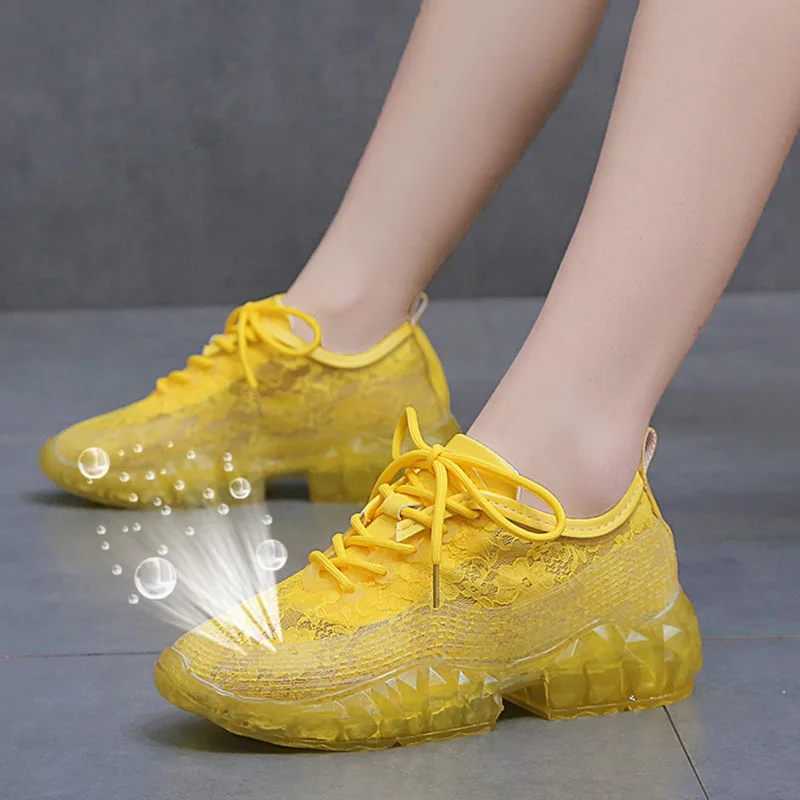 

Rimocy plus size 38-42 yellow clear heel platform sneakers women breathable mesh lace-up tenis feminino casual shoes woman white