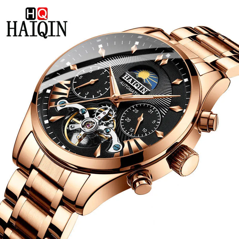 HAIQIN Мужские механические часы, автоматические деловые наручные часы с календарем, водонепроницаемые спортивные часы из нержавеющей стали для мужчин, reloj hombre - Цвет: Full Gold Black