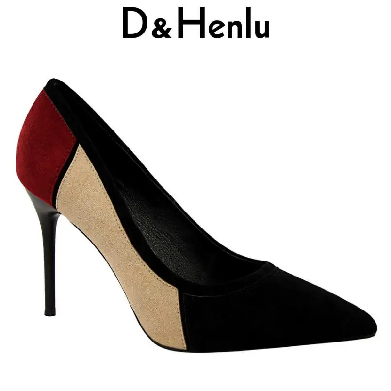 {D&Henlu} Office Shoes Womens Sexy Shoes High Heels Party Shoe Pumps Suede High Heels Pointed Toe Pachwork Heel escarpins femme