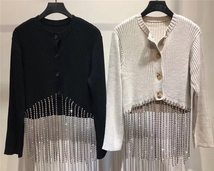 Autumn 2018 Casual Clothes Women White Black Knitted Cardigans Fashion Long Sleeve Wool Tassels Rhinestones Short Coat Girls |