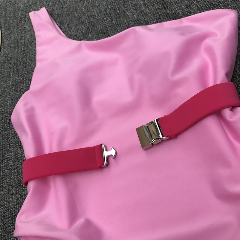 In-X боди на одно плечо с высоким вырезом бикини розовый купальник с застежкой Одноцветный купальник женский Монокини пуш-ап Ретро купальник