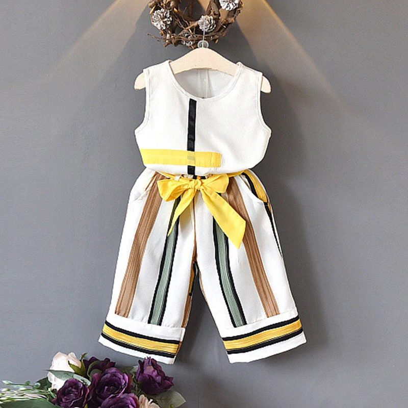 

Girls Suits 2019 Girls Clothes Suits Sleeveless Girls Striped Clothes Long Pants Clothing Sets For 3-7Y Kids Girl Clothing Sets