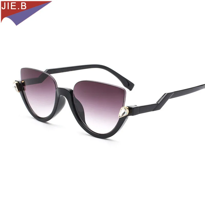 2017 Винтаж Cat Eye Женщины Солнцезащитные очки изгиб храм половину кадра bling алмазная