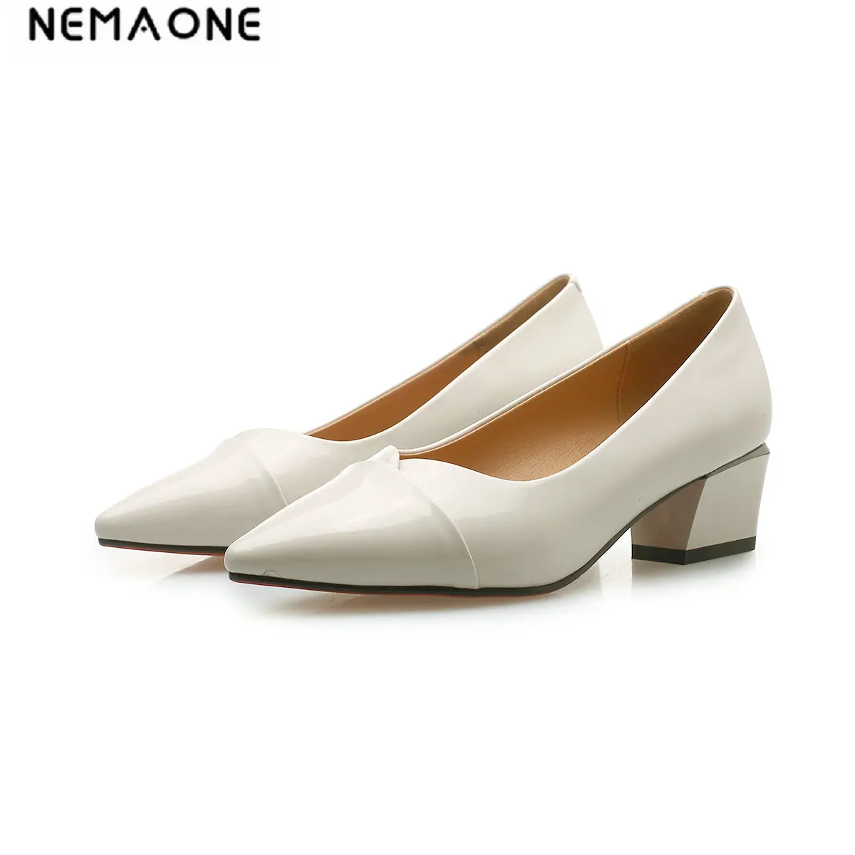 

NEMAONE patent leather brand shoes thick heels women pumps pointed toe office lady concise Spring Autumn shoes