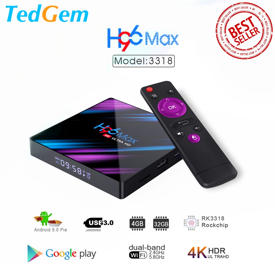 H96 MAX Smart TV Box Android 9.0 4GB Ram 32GB/64GB Rom Rockchip RK3318 4K USB3.0 H.265 Google Play IP TV Set Top Box PK tx3 mini