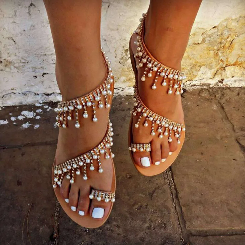 

Sweet Summer String Bead Women Sandals Flat With Plus Size 43 Gladiator Sandals Women Solid Casual Ladies Beach Shoes